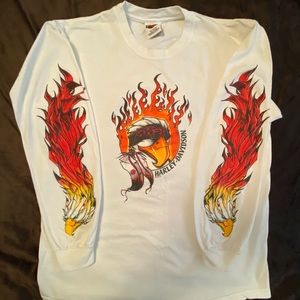 Harley Davidson white LS tee shirt with Eagle design on front and both sleeves.